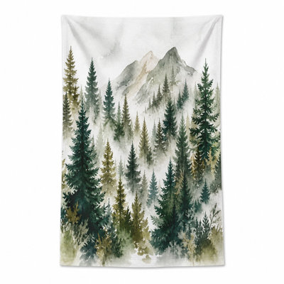 1Pcs Forest Mountain Watercolor Beach Towel, featuring a misty evergreen scene with majestic mountains in the background. This large, absorbent is perfect for days, swimming, travel, and camping, offering serene artistic wood