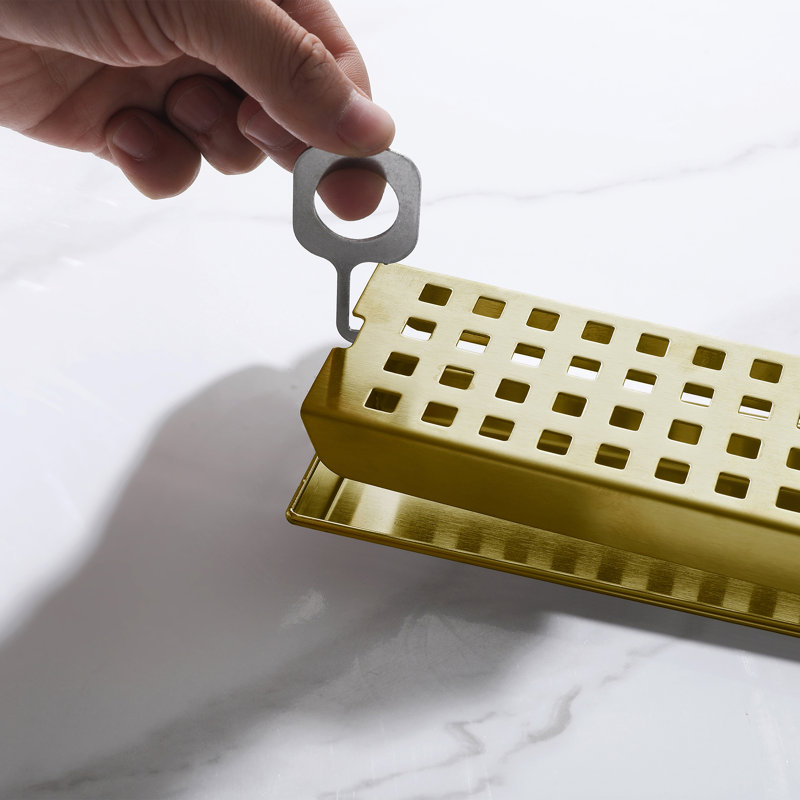 Grille linéaire moderne avec crépine et crochet de levage pour douche de salle de bain, 27.6 Inches, Or brossé