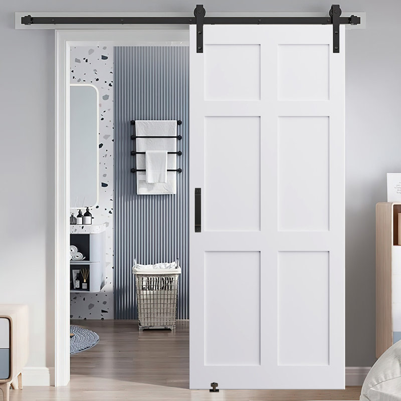 Six panneaux de porte à six panneaux, une quincaillerie coulissante pour porte de grange de 6,6 pi, un guide de plancher réglable et une poignée à tirer, porte à panneaux bricolage non finie, porte de grange intérieure moderne, imperméable