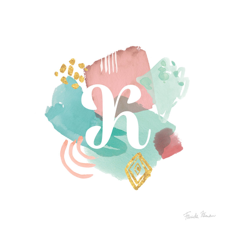 Abstrait monogramme K, H 20 po x l 20 po, Blanc, Reproduction avec cadre noyer
