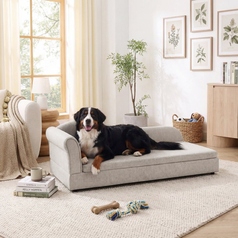 Oversized Chaise-Style Pet Sofa For Medium & Large Dogs With Wave Backrest, Single Armrest, Removable Cushion & Breathable Linen Fabric