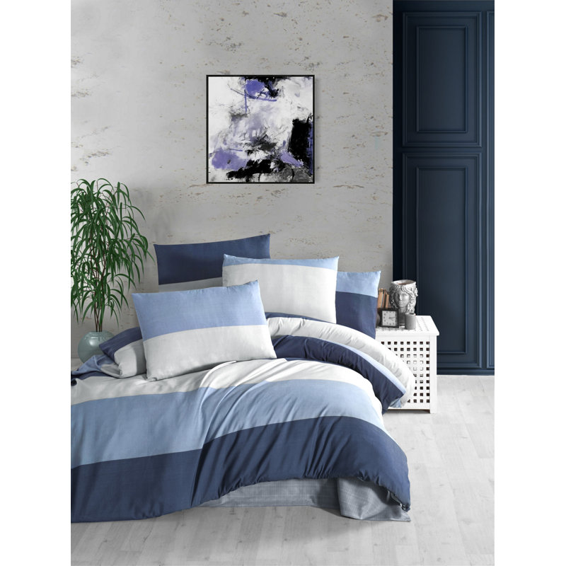 Ensemble de housse de couette en mélange de coton bleu foncé / bleu / blanc Azuela