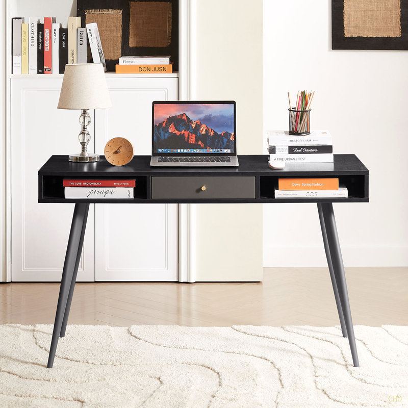 Bureau Mid-Century avec ports USB et prise de courant, bureau d'écriture moderne avec tiroirs, bureau d'ordinateur multifonctionnel