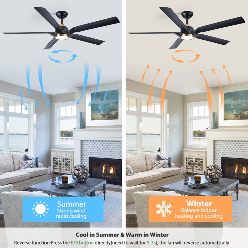 60'' 5 Blade Dc Motor Ceiling Fan With Led Light And Remote, Black