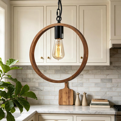 1‑Light Modern Farmhouse Wood Ring Pendant Light, Adjustable Chain Hanging Pendant Lamp
