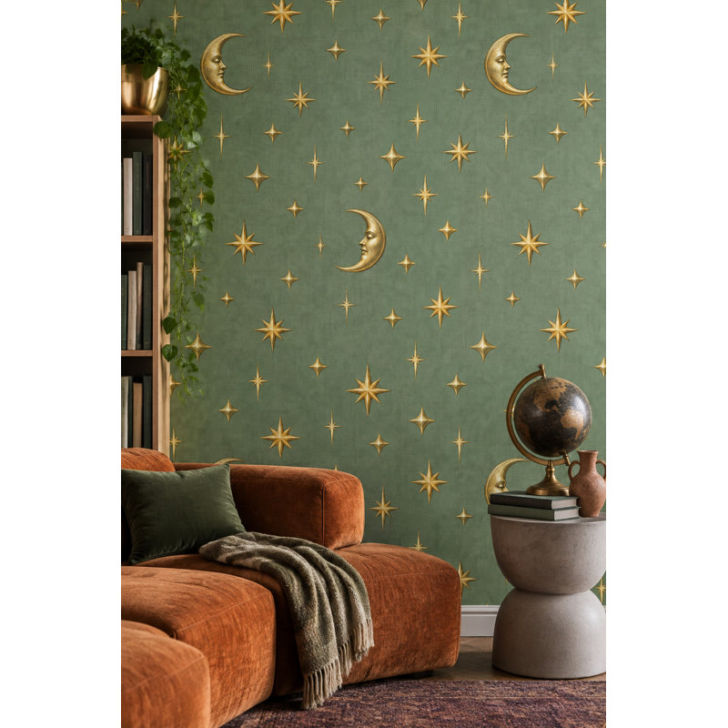 Motif céleste vert lune or et étoile, Peler et coller