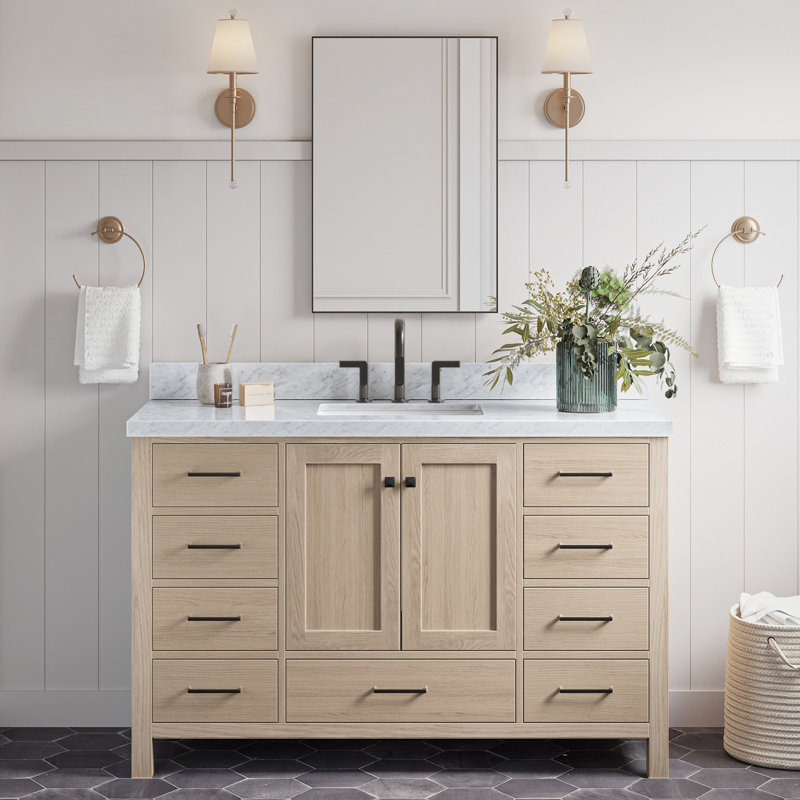 Cambridge 55'' Single Bathroom Vanity with Top, Natural Oak / Matte Black, Rectangular