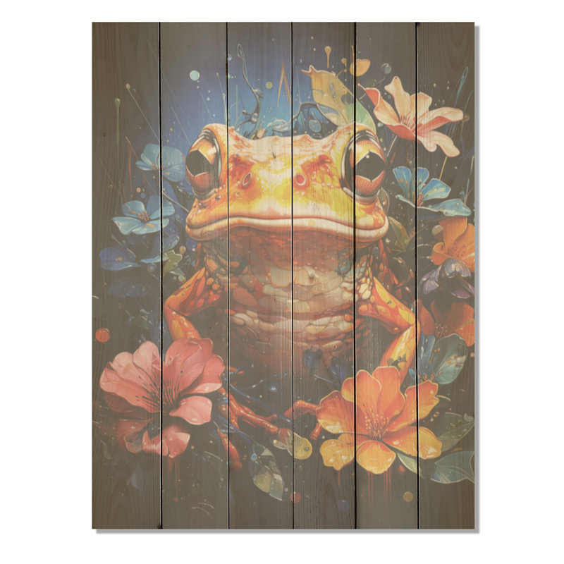 Expressionniste fleur grenouille - art mural en bois de lotus sur bois de pin naturel, H 32 po x l 24 po