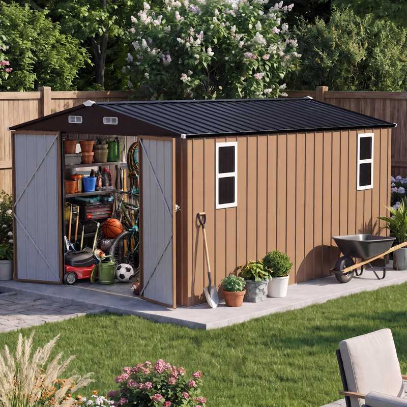 Remise de rangement extérieure 10 'x 14' avec fenêtres, remise à outils de jardin en métal galvanisé