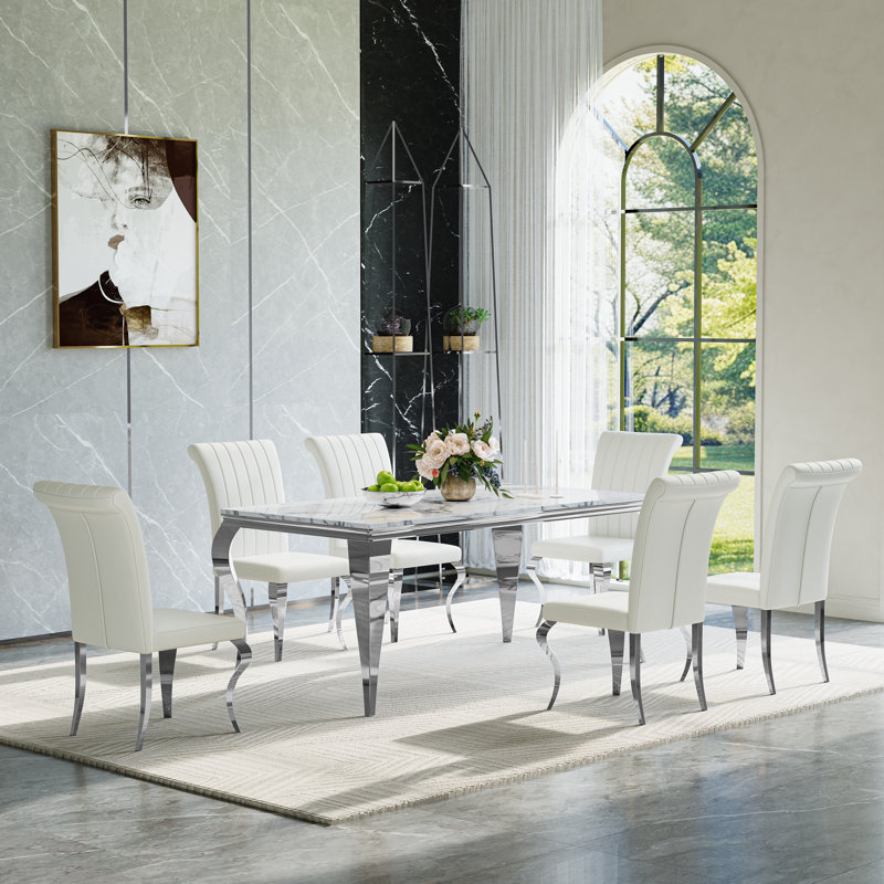 Dining Set with Faux Marble Tabletop and Upholstered Chairs, Silver/White/Silver, 7 Pieces: Table, 6 Chairs