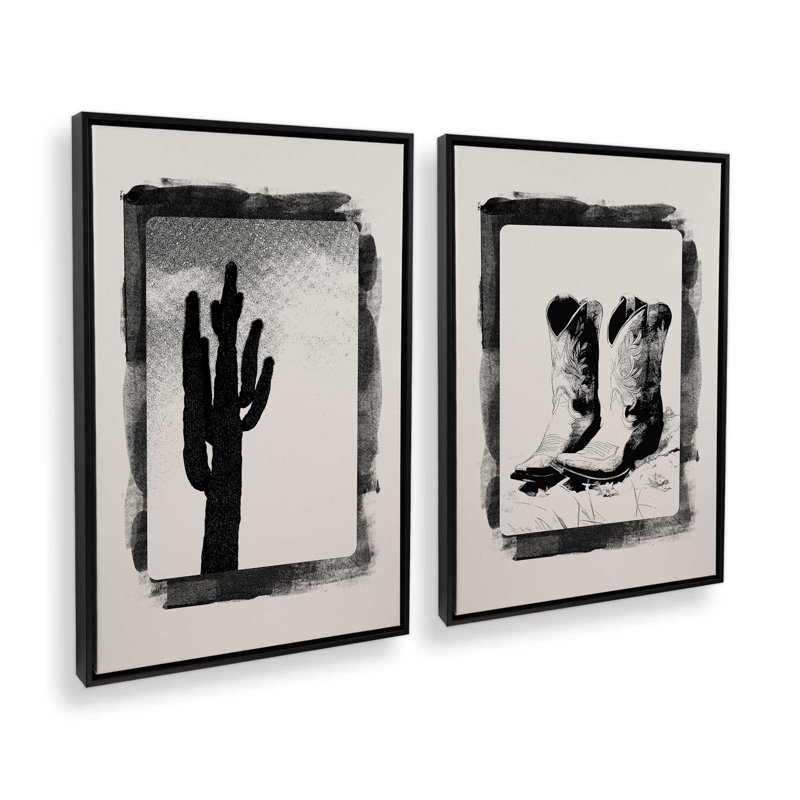 Ensemble de 2 cartes monochromes occidentales, H 18 po x l 26 po, Cadre flottant noir satiné