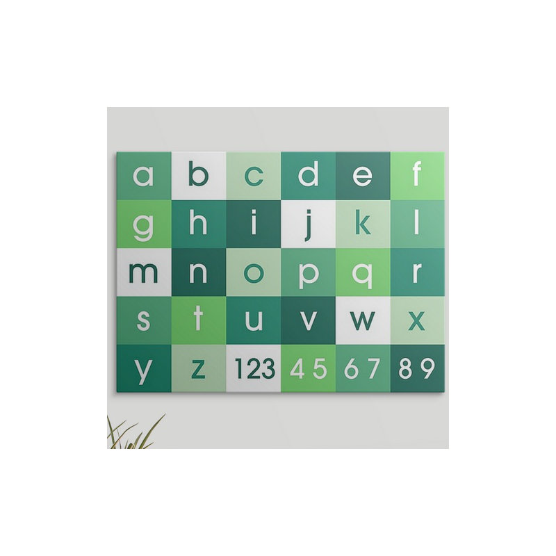 «Alphabet» par Justin, art textuel en vert, H 18 po x l 24 po x P 1,25 po, Toile