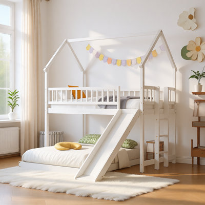 Twin over Full House Bunk Bed with Slide and Built-in Ladder, Solid Wood Frame by Harriet Bee