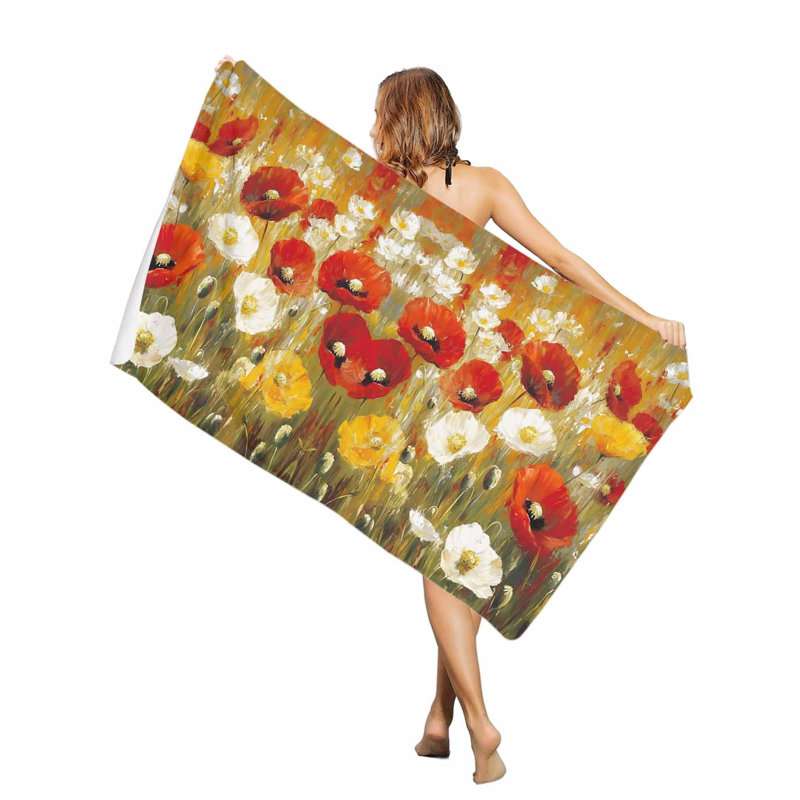 Serviette de plage extra-large à motif aquarelle champêtre et coquelicots, séchage rapide, absorbante et douce, idéale pour la piscine et le bain (127 x 152 cm). Un sac en toile assorti vous sera offert.