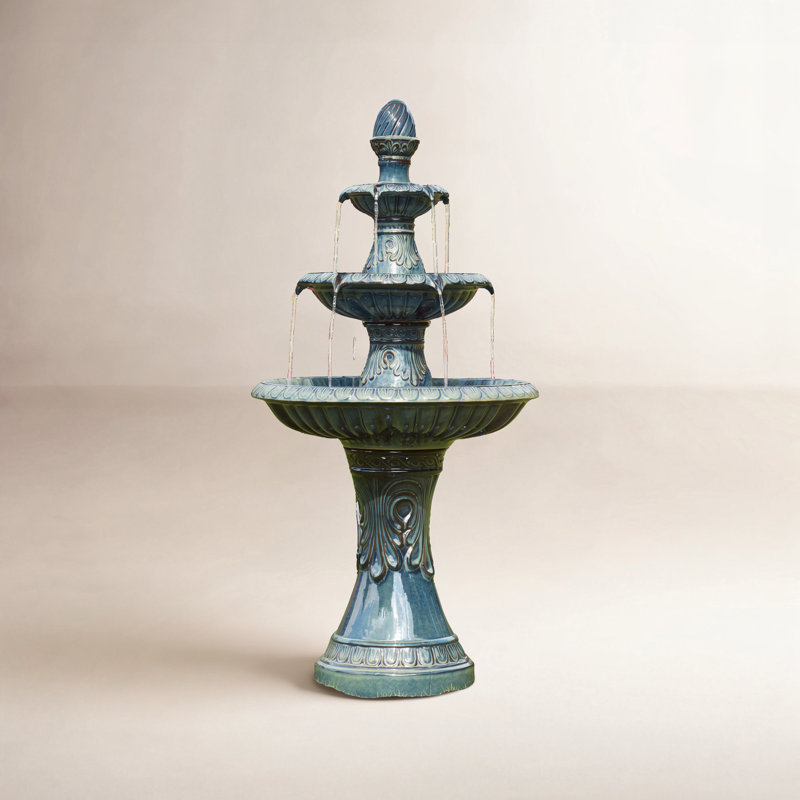Fontaine à 3 niveaux en céramique Shiloh - Élégance, sans lumières, Bleu sarcelle