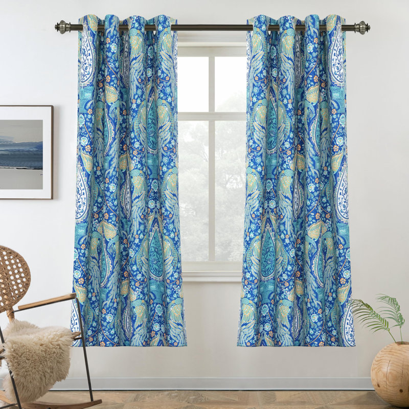 Floral Teal Curtains for Bedroom 80% Blackout Thermal Insulated Lined Double Layer Vintage Peacock Printed Pattern Darkening Drapes for Living Room Grommet 2 Panels