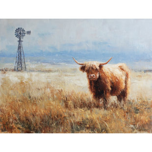 «Highland Cow and Farm Windmill», art mural sur toile tendue