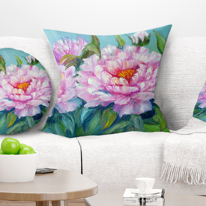 Pivoines roses - coussin à imprimé floral, 16 po x 1 po, Coussin décoratif