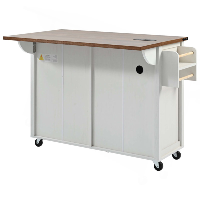 Durarte 53.5"W Kitchen Island, Locking Wheels, Drop Leaf, White, Solid + Manufactured Wood