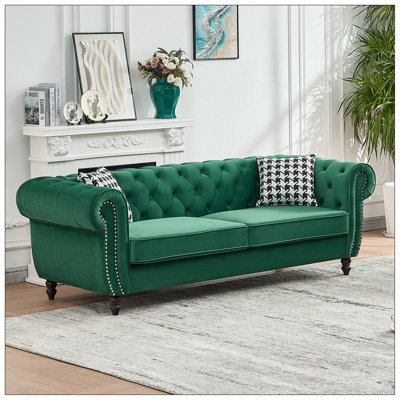 Canapé de 85 po Chesterfield en tissu d'ameublement en tissu d'ameublement avec accoudoirs roulés et têtes de clou, canapé rembourré de style Mid-Century, canapé 3 places pour salon, bureau, appartement, vert