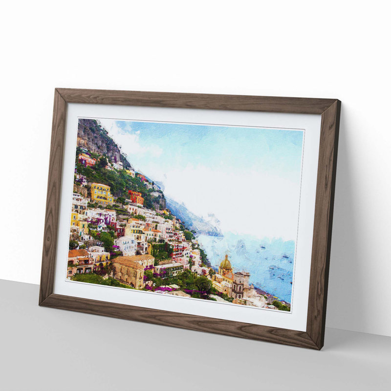Positano on the Almalfi Coast in Italy - Picture Frame Painting Print, Walnut Framed, 27cm H x 36cm W x 2cm D