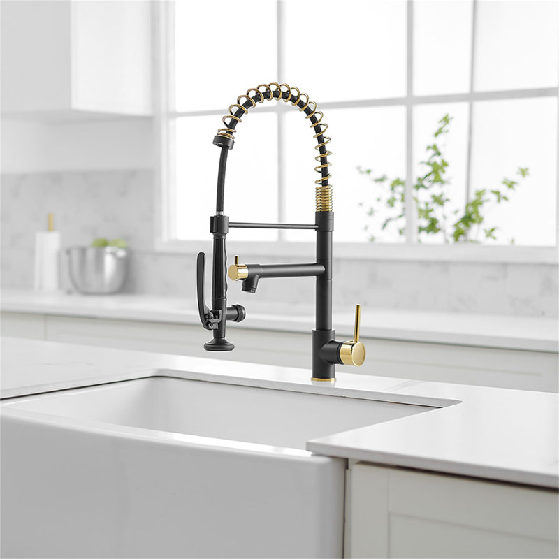 AWZTOO Pull Down Kitchen Faucet, Matte Black & Gold