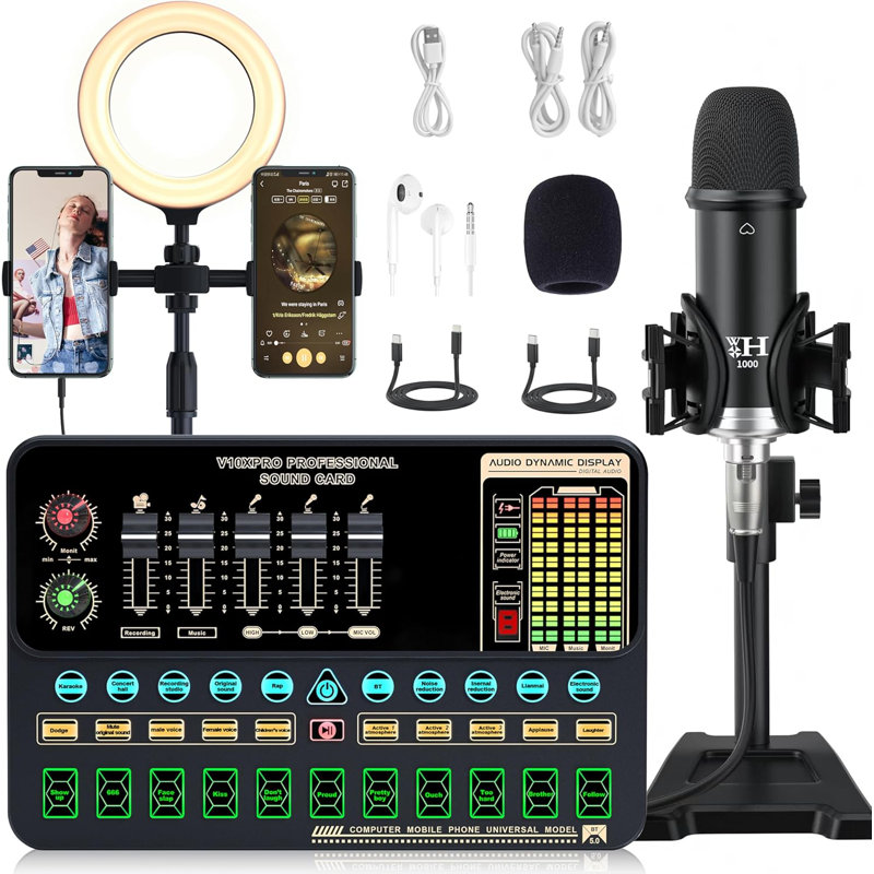 Podcast Equipment Bundle, Recording Studio Package Perfect for Recording, Broadcasting, Live Streaming, V10XPRO Voice Changer with Pro BM-800 Microphone