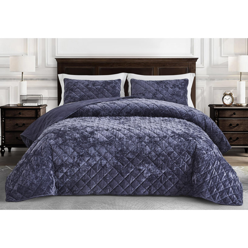 Diamond Stitch Reversible Plush Distressed Velvet Quilt Set, Queen Quilt + 2 Standard Shams, Purple