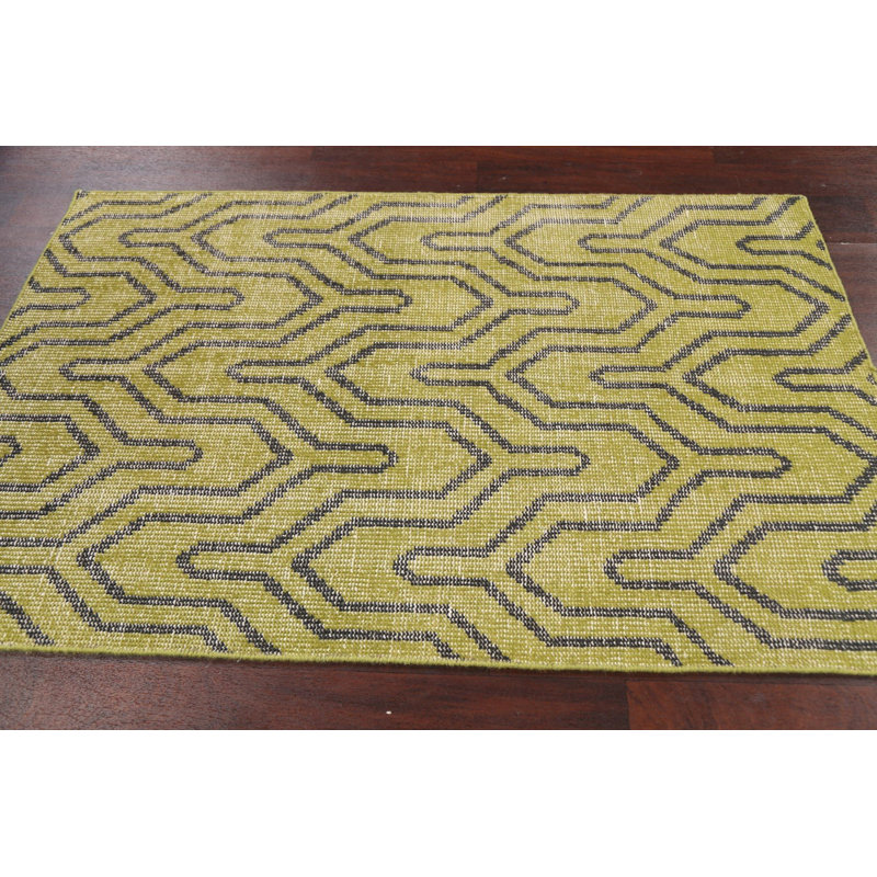 Tapis vert en laine noué à la main de conception unique 3 pi 8 po x 5 pi 9 po