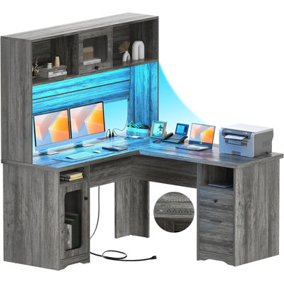 Vello L Shaped Executive Desk with Drawers, Power Outlet, LED Lights, Hutch and File Cabinets