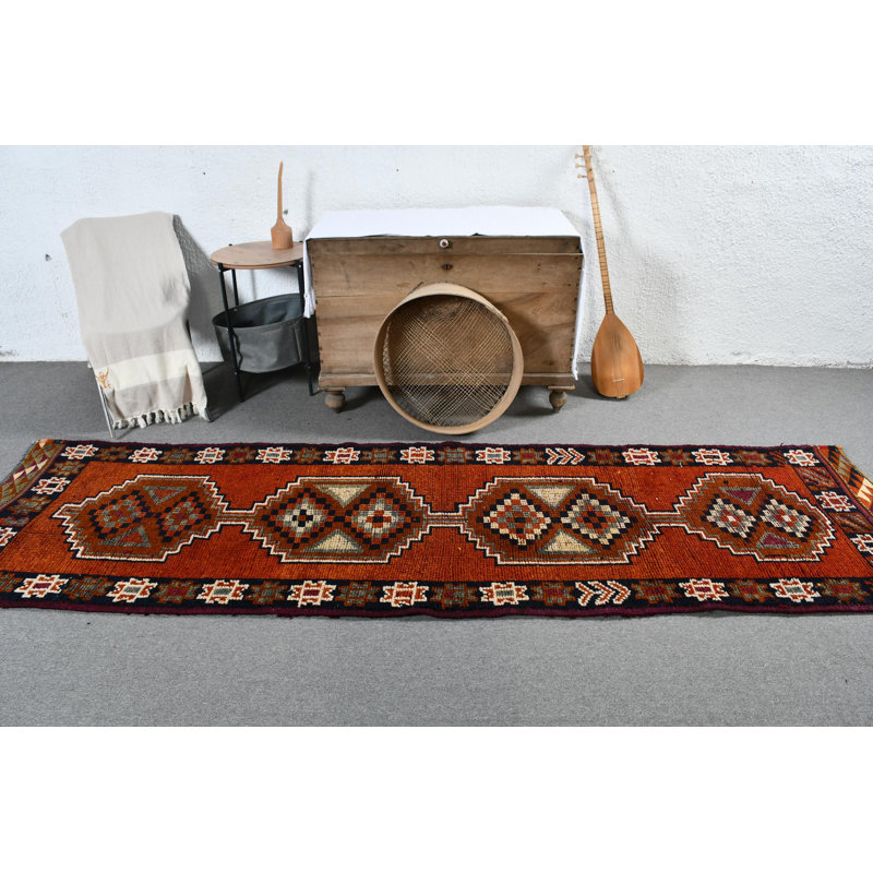 Tapis de style kilim turc rétro tissé à la main avec un motif géométrique d'inspiration bohémienne en bleu / orange