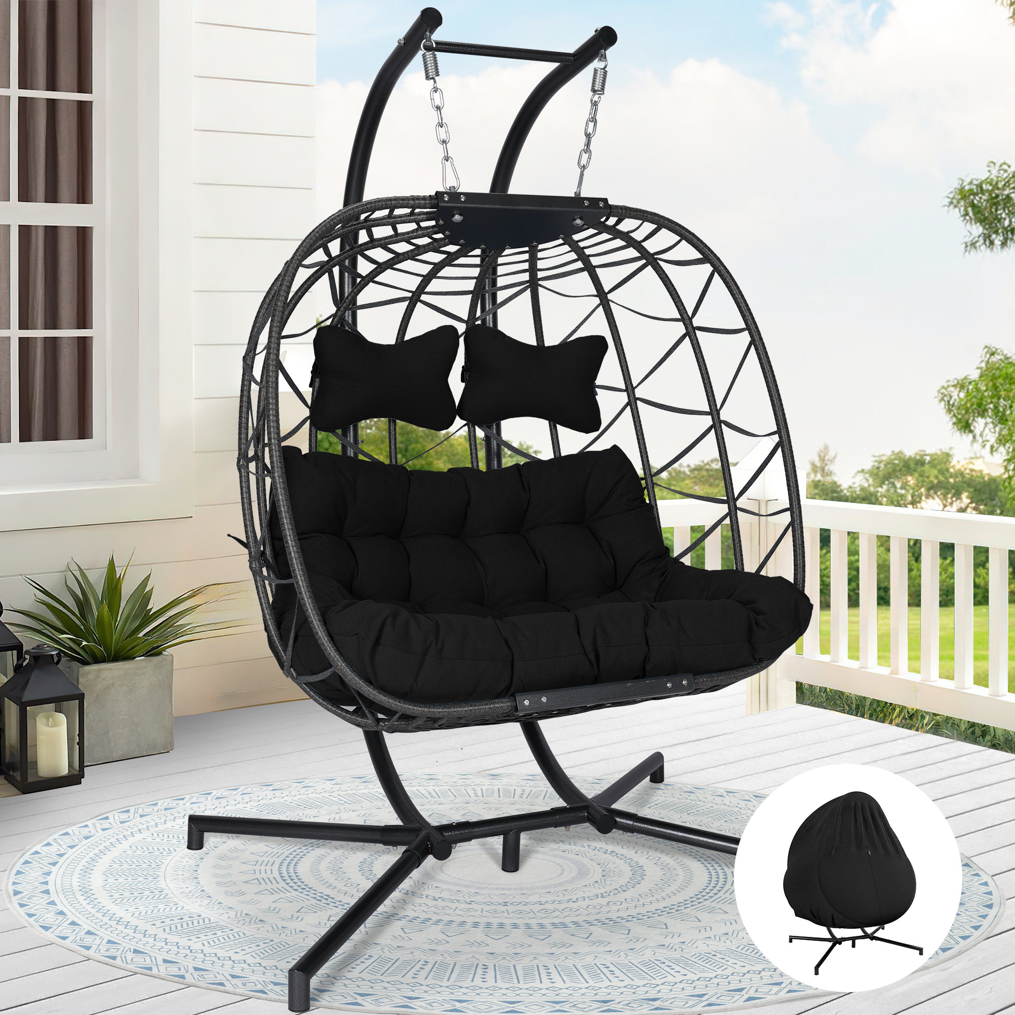 Dakota Fields Celyne Outdoor/Indoor Porch Swing Egg Chair with Stand and Outdoor Chair Cover