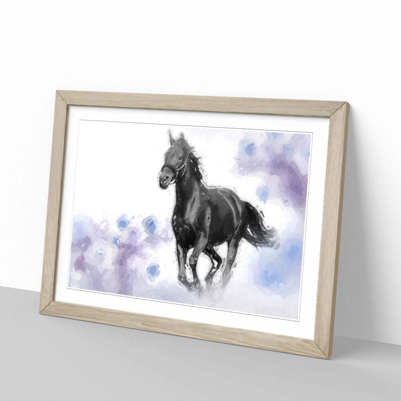 Wild Black Horse in Abstract - Framed Print, 35cm H x 50cm W x 2cm D, Oak