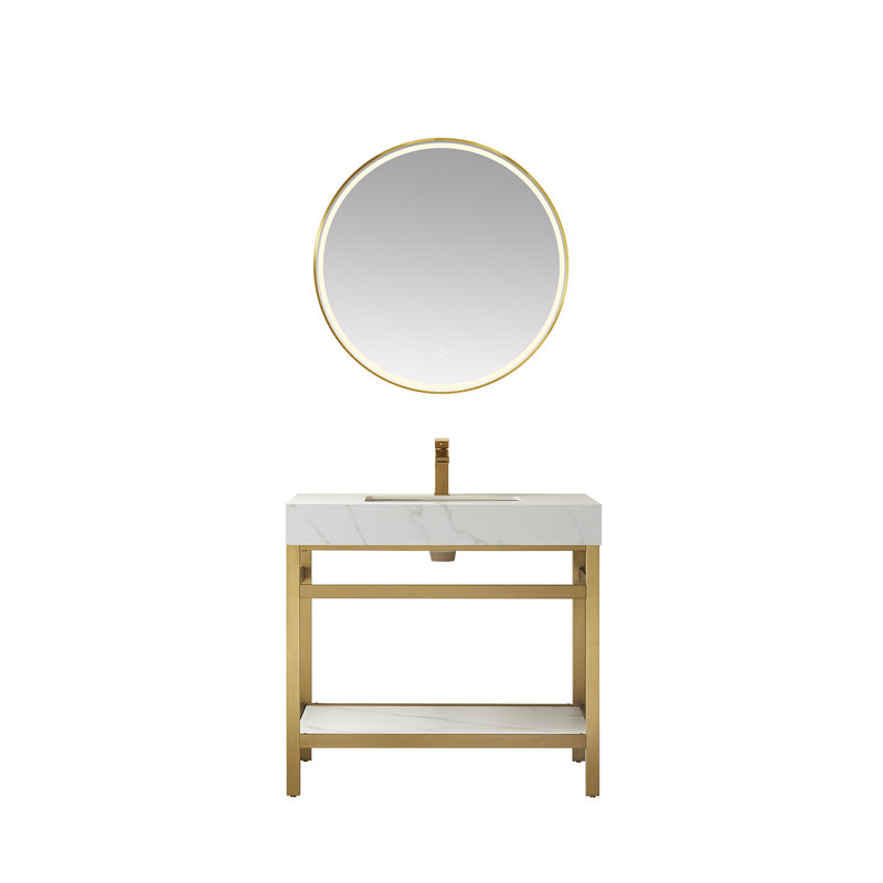 Ensemble de meuble-lavabo simple 36 po Funes, Or brossé, Blanc montagne enneigée, Or brossé