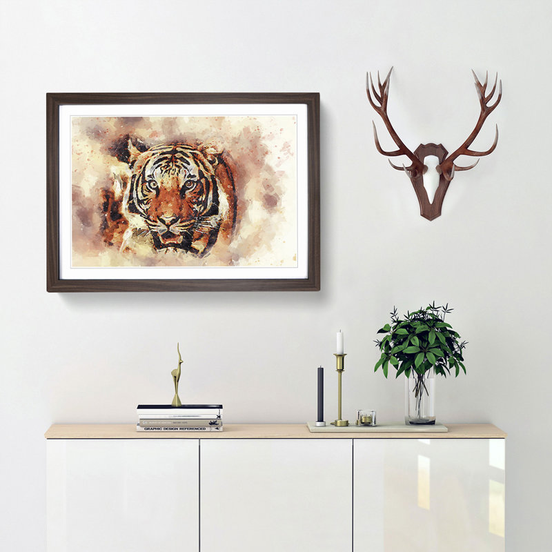 Tiger in Abstract - Picture Frame Painting Print, 60cm H x 91cm W x 2cm D, Walnut