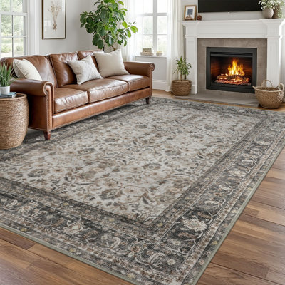 Machine Washable Area Rug Soft Vintage Floral Tribal Rugs with Non-Slip Backing for Bedroom Living Room