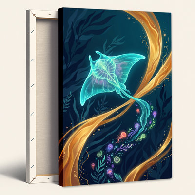 Glowing Manta Ray in Golden Ocean Stream with Jellyfish Canvas Wall Art