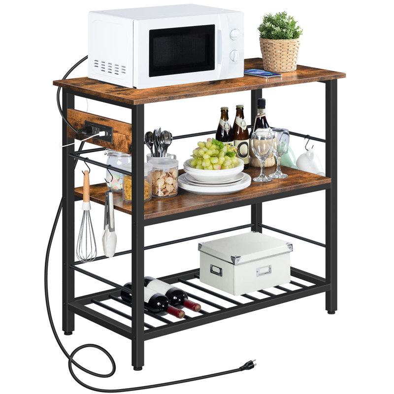 Vuto 35.8" Kitchen Island Table with Power Outlet, Black/Rustic Brown