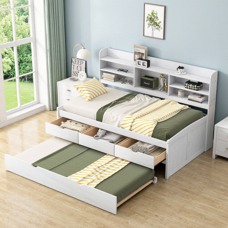 Twin Size White Wash Wooden Captain Bed - Built-in Bookshelves, 3 Storage Drawers & Pull-Out Trundle, Twin, White Wash