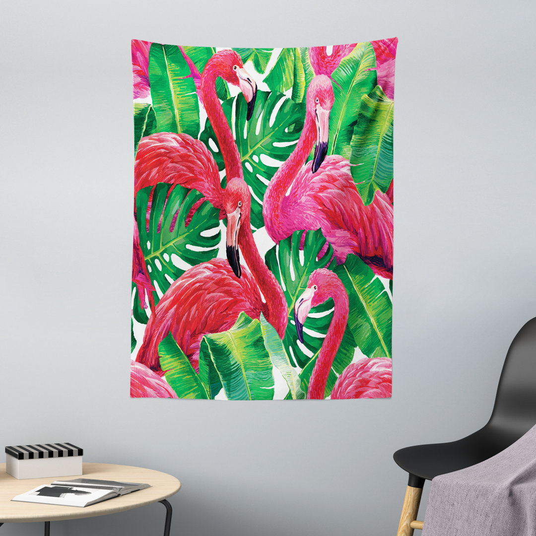 Wandteppich, Retro exotische Blätter, Flamingo, Grün Rosa