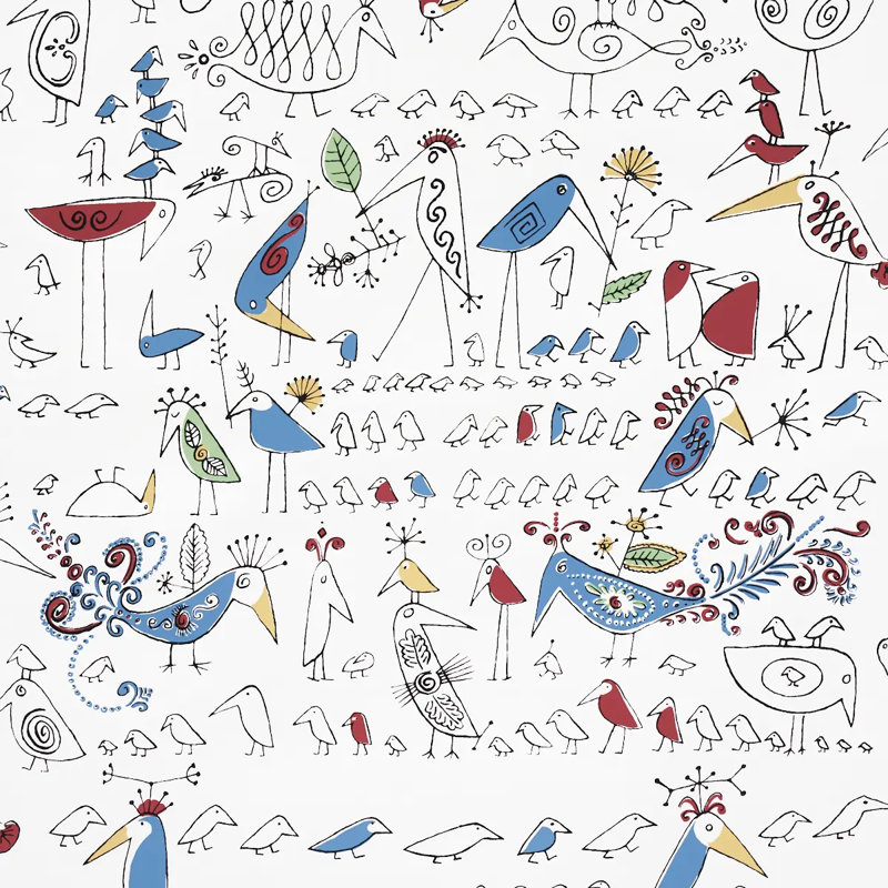 Papier peint aviaire, Noir / bleu / rouge