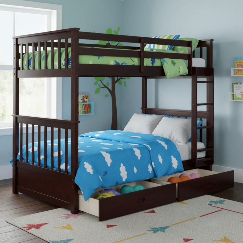 Lit superposé simple au-dessus de simple en bois massif avec échelles et 2 tiroirs de rangement pour garçons et filles