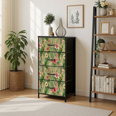 Commode à 4 tiroirs avec rangement vertical et fleurs d'hibiscus tropicales avec plateau en bois