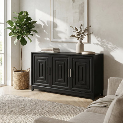 Console multimédia moderne avec portes géométriques et pieds en bois massif pour téléviseurs de 65 po ou moins, armoires de rangement spacieuses avec tablettes réglables, dispositif de sécurité anti-basculement, centre de divertissement contemporain pour le salon