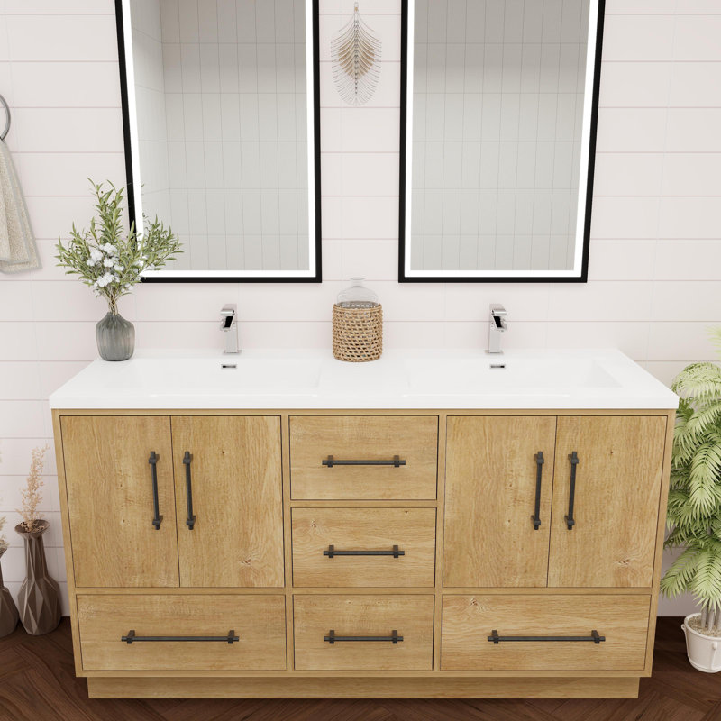 Victoria Oak Finish Double Freestanding Bathroom Vanity with Acrylic Top
