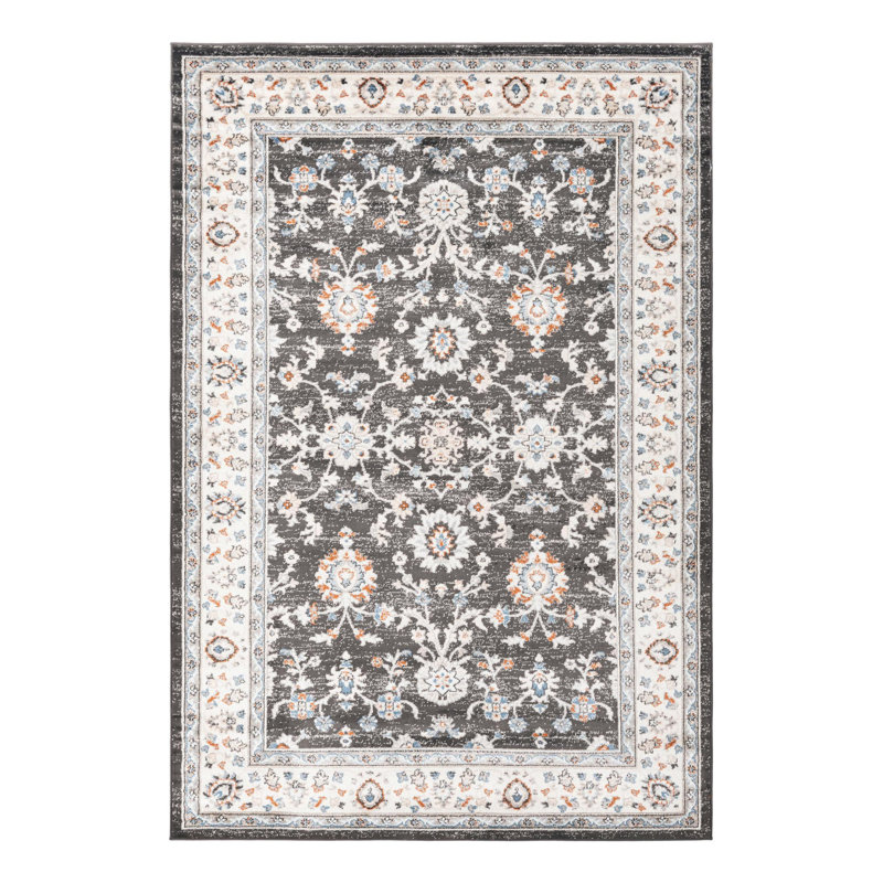Tapis floral gris / bleu sarcelle / orange Arends, Rectangle 6 pi 1 po x 9 pi