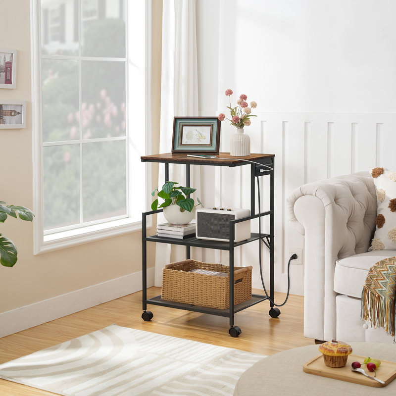 Chariot d'imprimante mobile à 3 niveaux avec prises de courant et 2 ports USB sur roulettes, Brun
