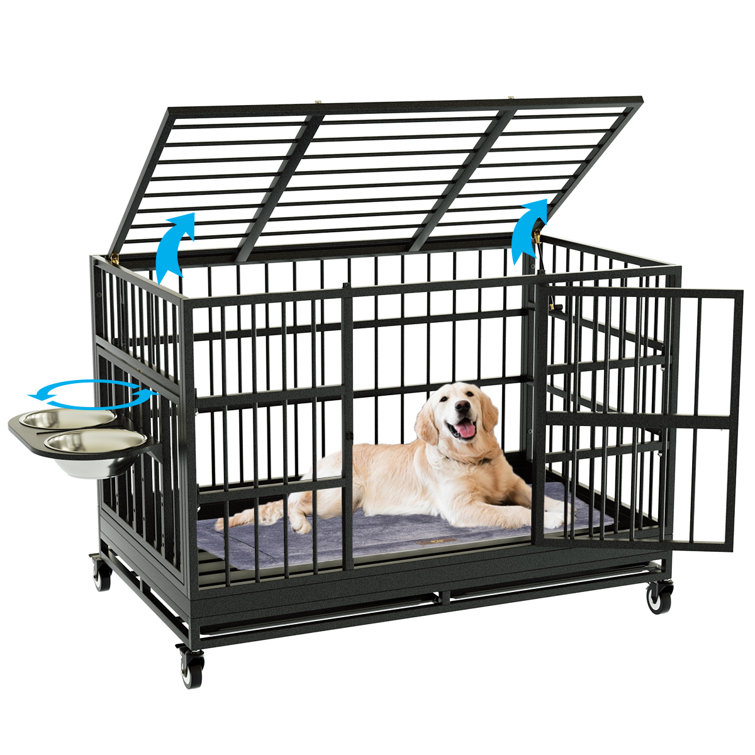 Black 48 Inch Heavy Duty Dog Crate With Wheels, Folding Metal Extra Large Dog Crate XL XXL Dog Cage