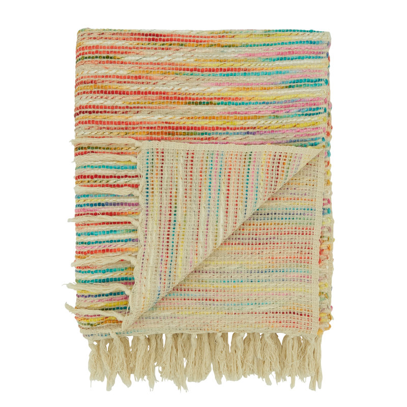 Multicolor Rainbow Stripe Cotton Acrylic Throw Blanket with Fringe