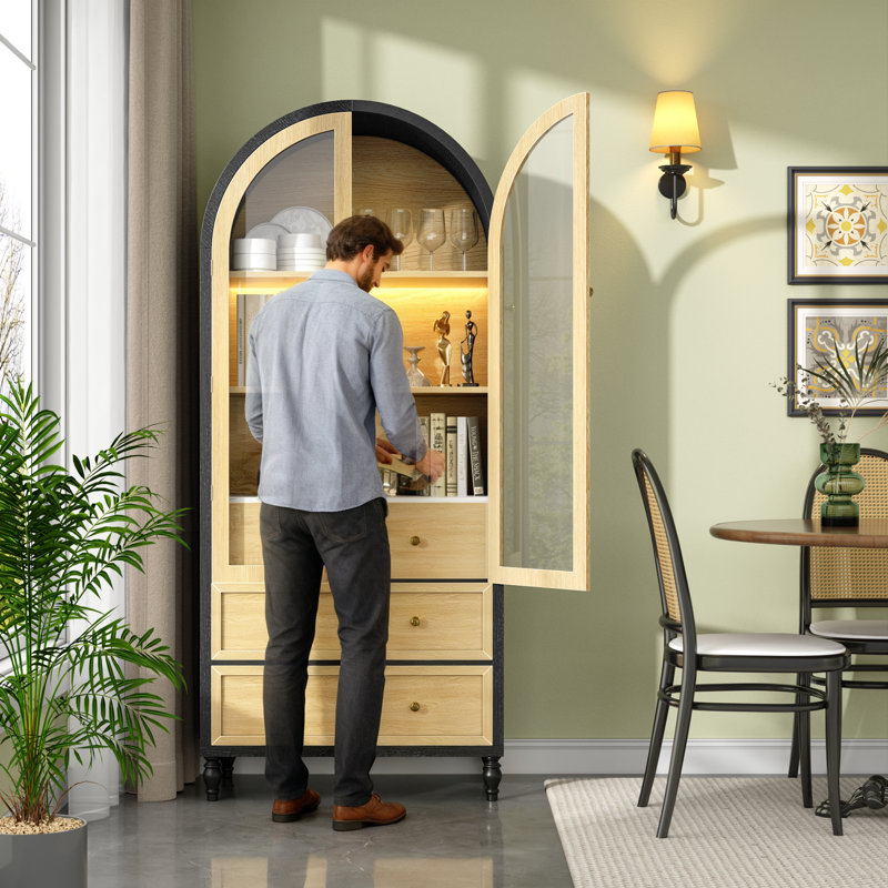 73" Tall Arched Cabinet With Acrylic Door, Display Modern Farmhouse Cabinet With Led Light & Adjustable Shelves, 3-tier Varsatile Arched Bookcase For Living/dining Room, Black & Brown